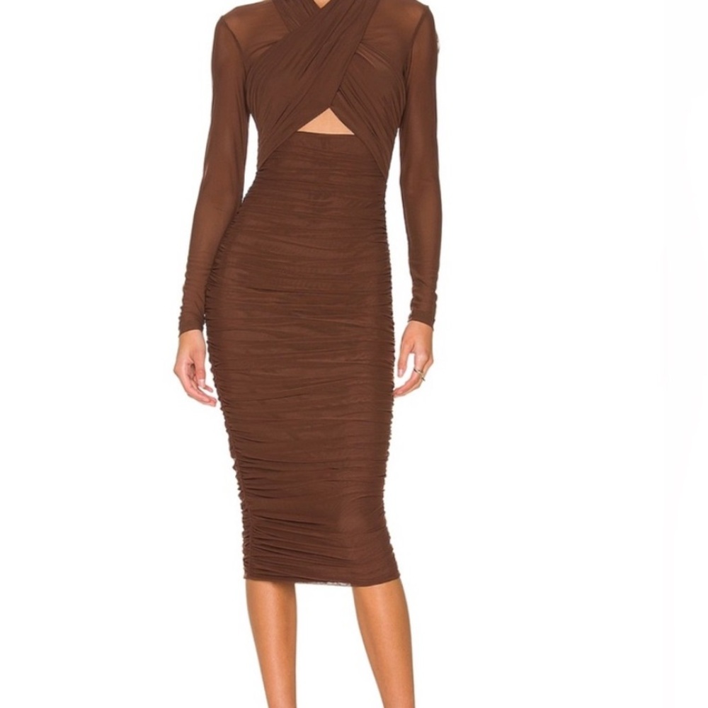 Bardot Brown Ruched Midi Dress with Cutout